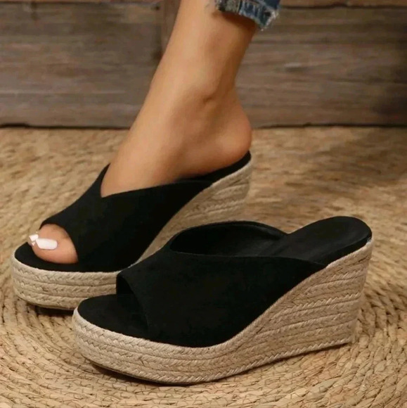 Minimalist Espadrille Faux Suede Wedge Slide Sandals - Picture 4 of 8